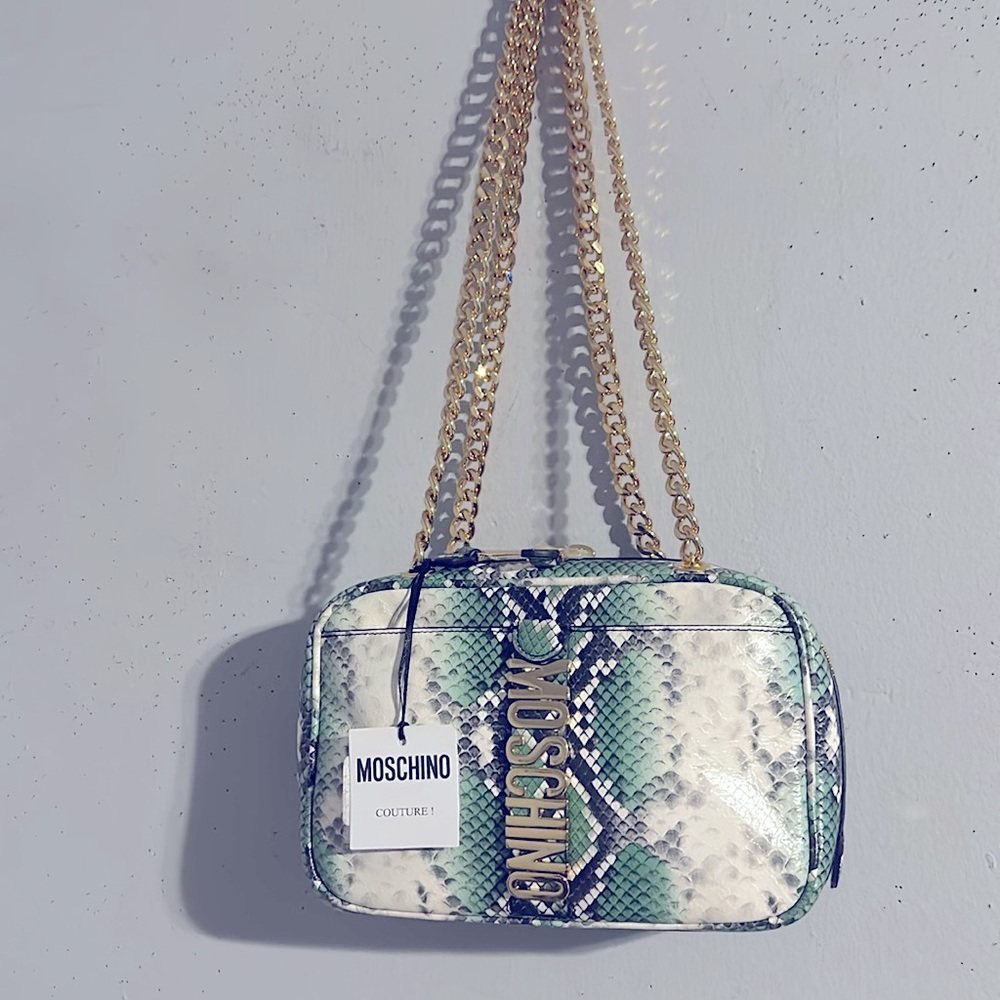 Moschino Green and Gold Women's Bag. NWT. Sneak skin make up the entire bag.